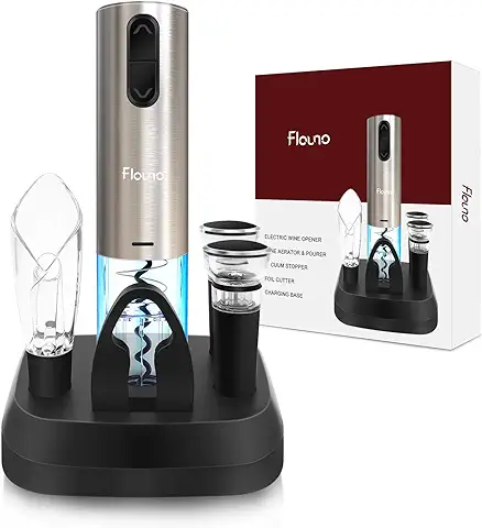 Flauno Sacacorchos Eléctrico – Abrelatas de Vino Electrico con Base de Recarga, Profesional Abrebotellas Electrico con Corta Cápsulas, Vertedor de Vino y Tapones de Vino, Regalo Ideal para la Familia  