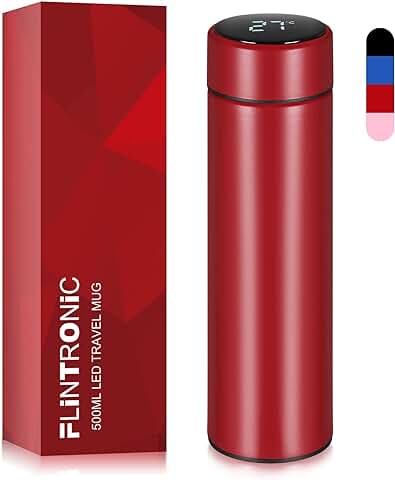 Flintronic Taza de Viaje, Termo Taza 500ML, Frasco de Vacío de Acero Inoxidable, Travel Mug Pantalla LED Táctil Inteligente con Temperatura, Térmica de Doble Pared, Aislado al Vacío-Rojo  