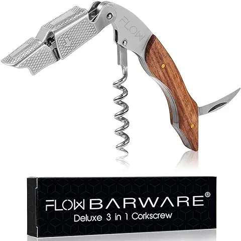 Flow Barware - Sacacorchos, Abrebotellas de Vino, Mango de Palisandro y Extractor de Corcho de Acero Inoxidable con Doble Bisagra  