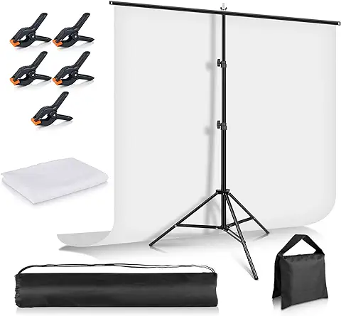 Foccalli Telón de Fondo de Pantalla Blanca con Soporte de 5 x 6.5 Pies, Soporte de Fondo de Fotografía con Fondo de Muselina Chromakey, 5 Clips de Fondo y Bolsa de Arena para Transmitir Sesión de  