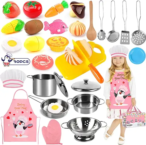 Frasheng Juguetes de Cocina para Niños Accesorios,30 Piezas Juguetes de Chef para Niños,Frutas y Verduras para Cortar,Juego de Roles de Cocina,Utensilios Cocina Juguete con Delantal y Gorro de Chef  