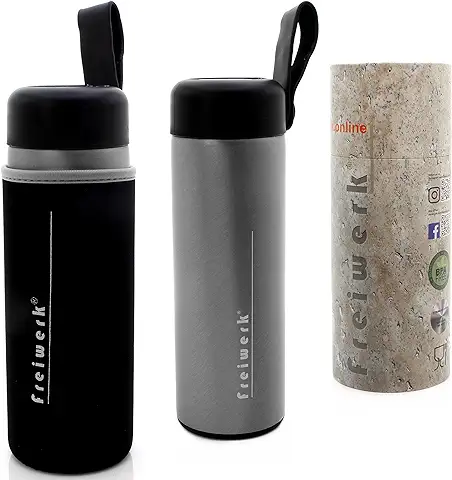 Freiwerk® mug Bottle Thermo Travel Mug Correa de Cuero Acero Inoxidable Travel Sport Camping Aislado 350ml Doble Pared para Llevar taza de Café Acero Inoxidable Cepillado  