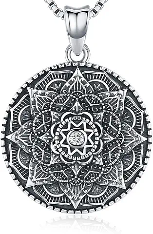 Friggem Collar Mandala de Plata Esterlina, Collar Colgante de la Flor de la Vida, Regalo para Mujer, Colgante 3D Mandala Negro Floreciente, Cadena de 18 ", Joyería Vintage con Collar Vikingo  