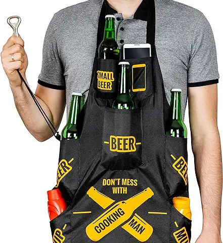 Froster Delantal para Hombres que Cocinan, para Barbacoas, 7 Bolsillos para Cerveza, Mostaza, Kétchup, Abridor, Delantal de Cocina, Impermeable  