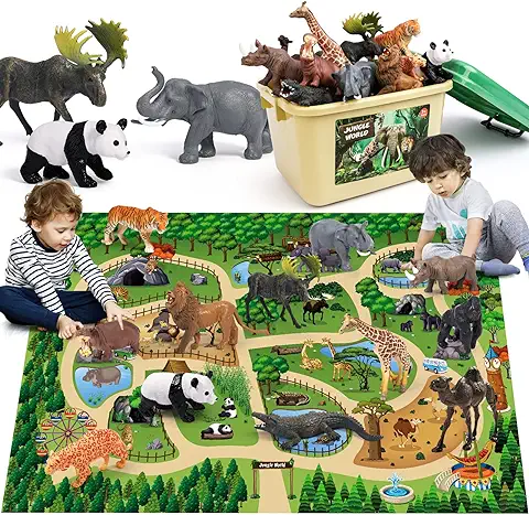 FRUSE Animales de Juguetes con 145x98cm Jumbo Tapete Juego,12 Piezas Realista Animales Granja Selva Juguete con León,Elefante,Figuras Animales Juguete Educativo,Regalos para Niños Niñas 3 4 5 6 Años  