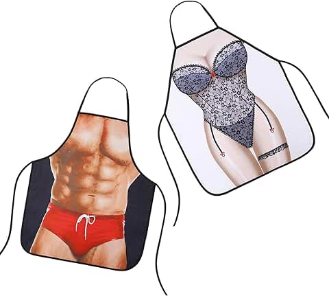 FT-SHOP Delantal Divertido de Cocina, Sexy Novedad Cocina Barbacoa Fiesta Delantal Regalo 2 Piezas (Hombre Músculo + Mujer Sexy)  