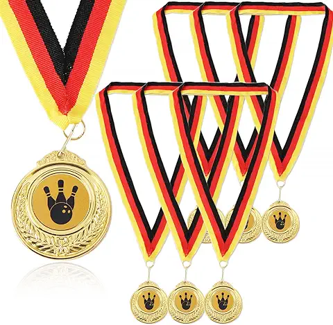 GEBETTER 6Pcs Medallas Oro Bolos Metal + 6Pcs Cintas Cuello, Premio Competición Regalo Fiesta Deporte Actividad Deportiva Cumpleaños Infantil Niños Adultos Aficionados (Bolos)  