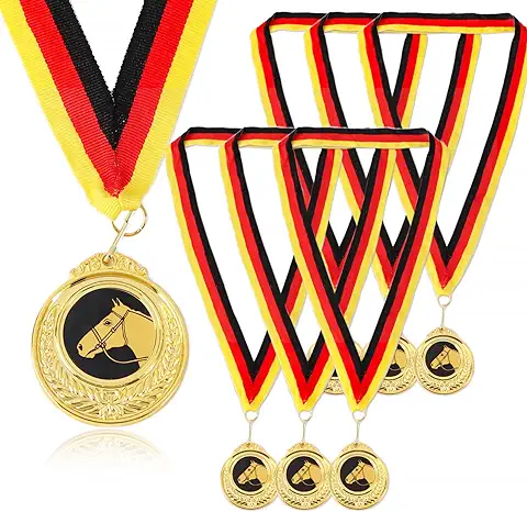 GEBETTER 6Pcs Medallas Oro Caballos Metal + 6Pcs Cintas Cuello, Premio Competición Regalo Fiesta Deporte Actividad Deportiva Cumpleaños Infantil Niños Adultos Aficionados (Caballos)  