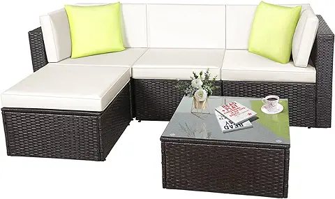 GOJOOASIS Conjunto de Muebles de Jardín de Polirratán, 5 Piezas, 200 cm, para 3-4 Personas, Juego de Sofá en Color Marrón y Negro con Fundas Beige y Cojines Verdes, para Jardín, Terraza y Balcón GOJOOASIS Conjunto de Muebles de Jardín de Polirratán, 5 Piezas, 200 cm, para 3-4 Personas, Juego de Sofá en Color Marrón y Negro con Fundas Beige y Cojines Verdes, para Jardín, Terraza y Balcón