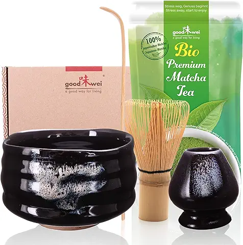 Goodwei Juego de Matcha - 30g Té Matcha Biológico Japonés, Cuenco Ceremonial, Batidor y Soporte (Burashi)  