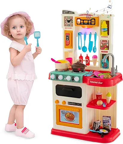 GOPLUS Cocina Juguete con Sonido y Luces, Cocinita Infantil con Nevera Utensilios Accesorios Divertidos, Cocinitas de Juguetes, Niños (Red)  