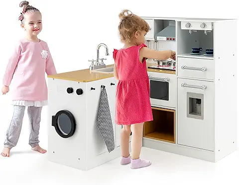 GOPLUS Cocina Juguete Grande de Madera con Luz y Sonido, Cocinita Infantil con Lavadora Horno Accesorios Divertidos, Cocinitas de Juguetes, Regalo para Niños más de 3 Años (Blanco)  