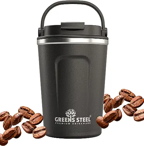 Greens Steel Taza de Café Reusable - 350ml, Negra I Termo Café para Llevar con Tapa y Asa I Antifugas, Taza Aislado en Acero Inoxidable para Bebidas Calientes y Frías I Té, Café, Bebidas Frías Sin BPA  