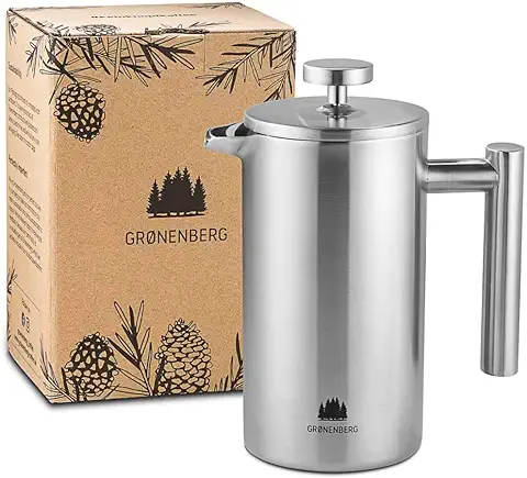 Groenenberg Cafetera Francesa 0,35 Litro (2 Tazas) | Cafetera émbolo de Acero Inoxidable (inox) | French Press de Doble Pared Aislada | Prensa Francesa con Filtros de Repuesto e Instrucciones  