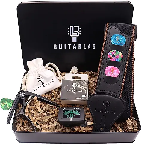 Guitar Lab Caja de Regalo de Accesorios para Amantes de la Guitarra| Caja de Metal con Correa, Cejilla, Afinador Electrónico y lata de Púas  