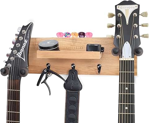 Guitar Lab - Doble Gancho de Guitarra y Estante de Pared - 2 Ganchos Giratorios de Goma, Estante de Almacenamiento, Ganchos Estantes de Púas, Perfecto Para Guitarras Eléctricas/Bajos/Acústicas/Ukelele  