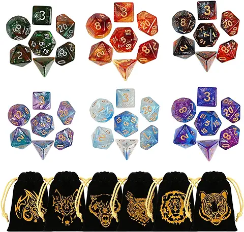 GWHOLE 6 Conjuntos Dados de Rol（42 Piezas） Dado Poliédrico Professional para Juegos de Mesa, Dungeons y Dragons DND RPG MTG Juegos de rol con Bolsa Negra Portátil  