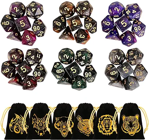 GWHOLE Dados Poliedricos 6 x 7 (42 Piezas) Dados de rol con Brillantinas para Juego Dungeons and Dragons DND RPG MTG D20 D12 D10 D8 D6 D4 Dados para Juegos de Cartas de Mesa  