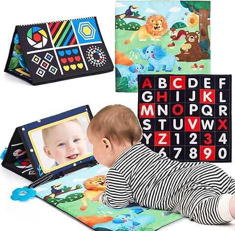 Hahaland Espejo Bebe Juguetes Bebes 0 3 6 Meses, Libro Sensorial Plegable con Alfombra de Juego, Tummy Time Juguetes Educativo Regalos para Recien Nacido Bebes 0 3 6 12 Meses  