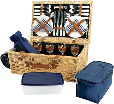 HappyPicnic Cesta de Picnic de Mimbre para 4, Cesta de Almacenamiento de Sauce, Juego de Regalo para Camping y Fiesta al aire Libre, Azul-4 HappyPicnic Cesta de Picnic de Mimbre para 4, Cesta de Almacenamiento de Sauce, Juego de Regalo para Camping y Fiesta al aire Libre, Azul-4