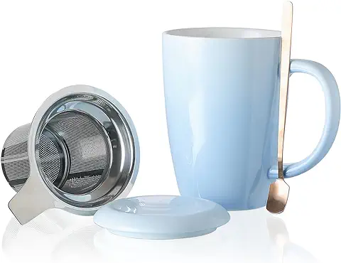 Henten Home Taza de Té de Cerámica con Infusor, Cuchara y Tapa, 385ml, Taza Grande con Filtro de Té para Desayuno, Té, Café, Leche, Microondas y Lavavajillas (385ml,Azul Cielo)  