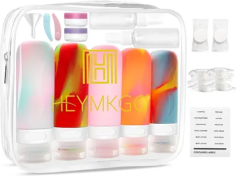 HEYMKGO Botellas de Viaje Silicona - 90 ml Kit de Botes Viaje Rellenables para Líquidos, Champú, Crema, Loción - Travel Bottles, Frascos de Spray, Tarros de Mascarilla - Set de Envases para Viajar  