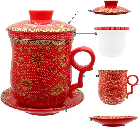 HOLLIHI Porcelana taza de té con tapa y Platillo Infusor Sets – Chino Jingdezhen Cerámica taza de Café de té Sistema de Preparación de té para Oficina en casa  