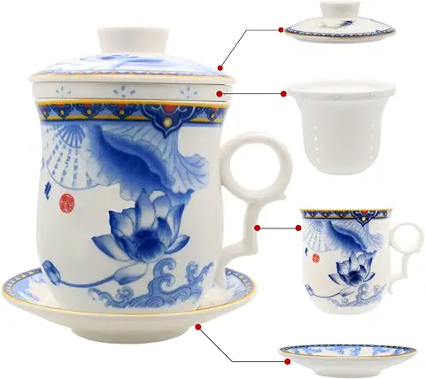 HOLLIHI Porcelana taza de té con tapa y Platillo Infusor Sets – Chino Jingdezhen Cerámica taza de Café de té Sistema de Preparación de té para Oficina en casa  