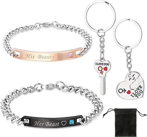 HOWAF Pulseras Llavero Pareja San Valentín Regalo, Te Quiero Corazon Llavero & Su Bestia Su Belleza Pulseras para Ella Él Regalo, Novia Novio Parejas San Valentín  