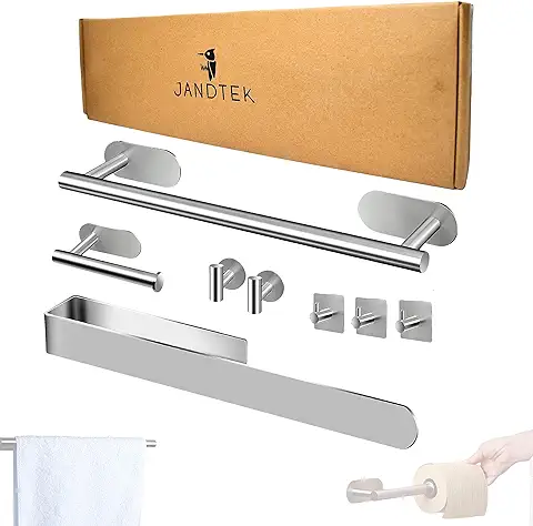 JANDTEK Toalleros de Baño sin Taladro - Accesorios Baño sin Taladro Adhesivos - kit Accesorios para Baño: Portarrollos Papel Higienico, Toallero Baño, Colgador Toalla Baño y Ganchos Pared  