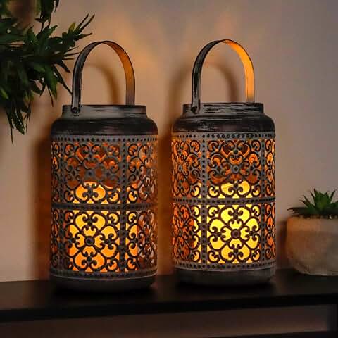 JHY DESIGN set de 2 Linterna con Vela LED ámbar a Pilas y Asa Metal Lámpara 17cm Lampara Exterior Farol de Jardín Estilo Vintage para Exterior Iluminación Balcón Jardín Faroles de Decoracion  