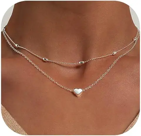 Jovono Collar de Corazón en Capas boho Gargantilla con Cuentas de Plata, Collar con Colgante de Cadena para Amantes de la Playa, Joyería para Mujeres y Niñas (SET1)..  