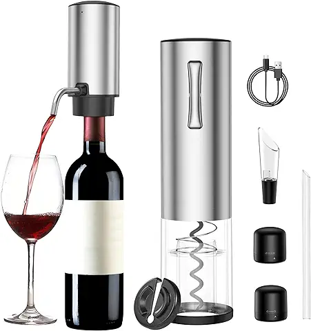 Juego de Abridor de vino Eléctrico, Aireador Eléctrico de Vino, Decantador de vino Automático, Sacacorchos Electrónico Automático Recargable por USB con Cortador de Papel de Aluminio y Tapón de Vacío.  