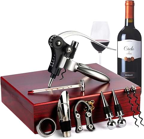 Juego de Abridores de vino de 9 Piezas - Changmi Rabs Corksrew Kit de Abrebotellas de vino de Acero Inoxidable, Incluye Vertedor de Decantador de Vino, Tapón de Aleación de Botella de Vino, Termómetro, Cortador de Papel de Aluminio, Anillo de Goteo con Estuche de Madera Empaquetado  