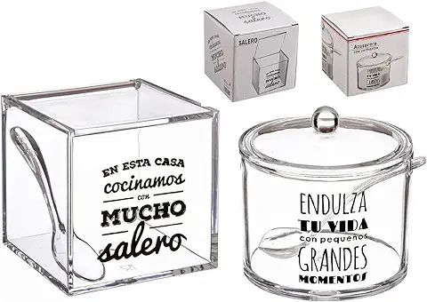 Juego de Salero y Azucarero de Cocina Original ACRILICO Diseño Frase ""LA SAL DE MI VIDA Y MOMENTOS DULCES""  