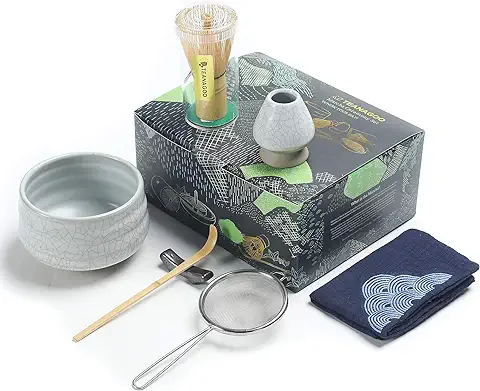 Juego de té Japonés TEANAGOO, Juego de Batidores Matcha, Batidor de Bambú Tazón Matcha (chasen), Cuchara (chashaku), Soporte para Batidor, kit de Fabricación de té, N5, Polvo de té Verde Matcha.…  