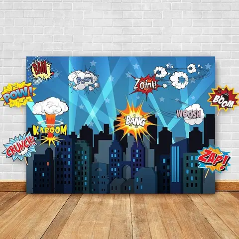 Juego de Telón de Fondo para Fotografía de Superhéroes y Accesorios de Estudio. Ideal como Fondo de Cabina de Fotos de Superhéroe de la Ciudad – Decoración de Fiesta de Cumpleaños y Eventos  