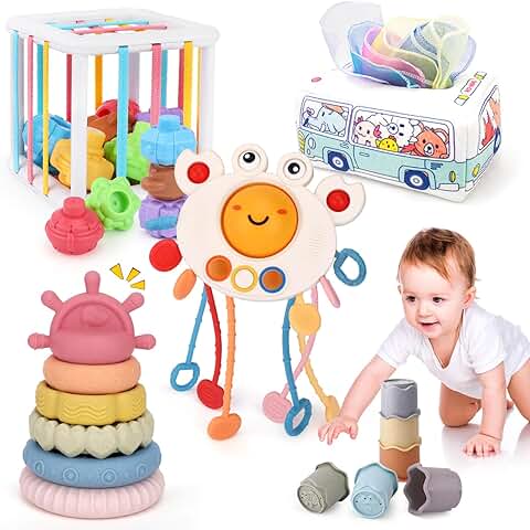 Juguetes Sensoriales Montessori Bebe 5 en 1, Incluye Caja de Pañuelos,Clasificadores de Formas,Cordón de Silicona Juguetes, Vasos Apilables,Juguetes Apilables, Adecuado para Niños de 6 a 18 Meses  