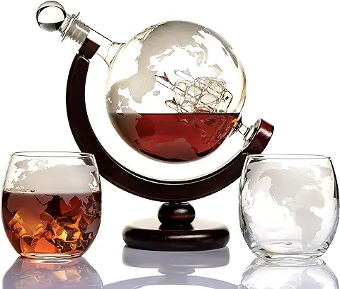 Kemstood Juego de Decantador de Whisky (850 ml) – Juego de Decantador de Whisky Grabado del Globo Mundial para Hombres con 2 Vasos en Caja– Accesorios de bar para el Hogar para todo tipo de Bebidas  