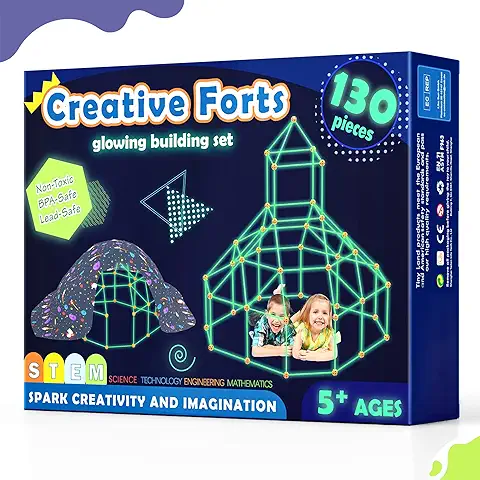 Kit Construccion Fuertes Niños - Brillan en la Oscuridad, 130 Piezas Creative Fort Toy para Niños y Niñas de 5+ Años, Juguetes de Construcción Stem, DIY Kit Castillos Túneles, Tienda de Juegos  