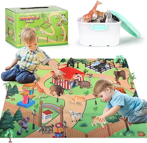 Kramow 24 Piezas Juguetes Animales con Tapete Juego,Figuras Animales Juguete Educativo,Juguetes Niños 3 Años 4 Años 5 Años  