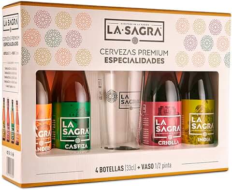 La Sagra - Pack Degustación 4 Cervezas de 330 ml de La Sagra de 4 Estilos (IPA, Tostada, Rubia y Blanca de Trigo) + vaso ½ Pinta - Total: 1320 ml  