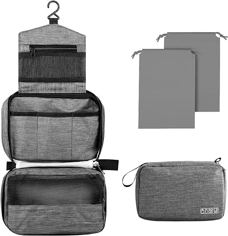 Larkumio Neceser Hombre Mujer, Neceser Maquillaje Bolsa de Aseo Makeup Bag Grande Colgante Impermeable, 1 Neceser Viaje + Bolsa con Cordón, Gris  