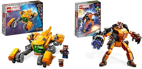 LEGO 76254 Marvel Nave de Baby Rocket, Juguete Guardianes de la Galaxia 3 para Construir, Nave Espacial para Niños, Mini Figuras de Mapache Superhéroe & 76243 Marvel Armadura Robótica de Rocket  