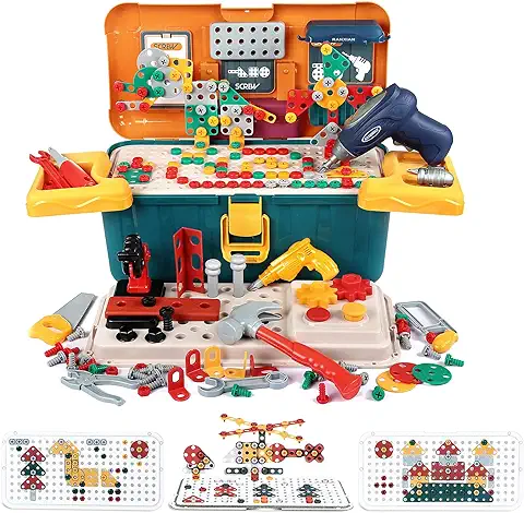 LIHAO Caja de Bloques de Construccion con Taladro y Tornillos, Juguetes Educativos Montessori, Puzzle 3D, Mosaico Infantil, Rompecabezas, Regalo para Niños  