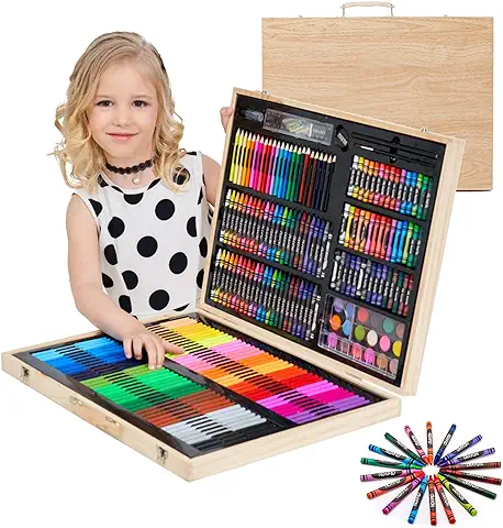 Maletin Pinturas para Niños, JasCherry Juego de Dibujo Portátil, 251 Piezas Conjunto de Arte de Lujo en Caja de Madera, Cómodo de Llevar, Regalo Ideal para Niños y Amantes de la Pintura  
