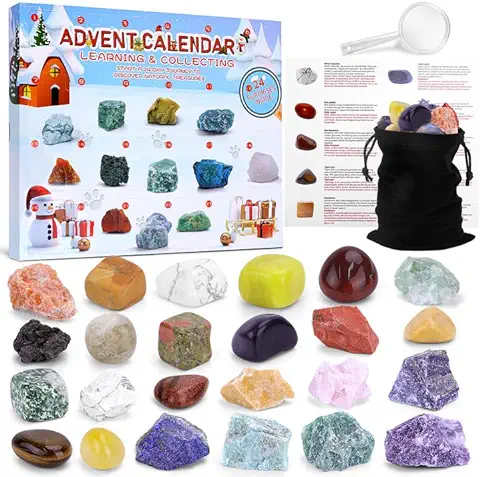 Meetory Calendario de Adviento de Cristal 2023 para Niños, Colección de Piedras Preciosas, Calendario de Adviento de Cuenta Regresiva de Navidad de 24 Días con 24 Piedras Preciosas Reales, Colección  