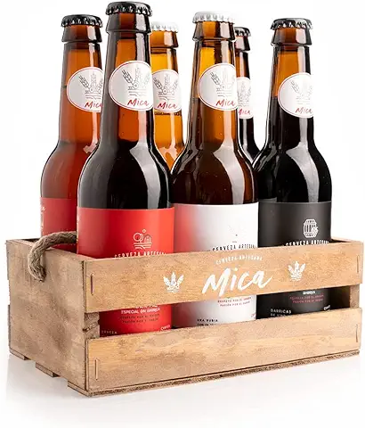 MiCA – Pack Degustación 6 Cervezas Artesanales – Caja Regalo Madera - 2 Blonde Ale Premium, 2 Ipa y 2 Ale - Botellas 33 cl  