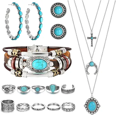 MILACOLATO Joyería Occidental para Mujeres Turquesa Colgante Collar Western Drop Dangle Pendientes Turquesa Faux Cuero Pulseras en Capas Boho Knuckle Rings Set Bohemian Jewelry Set  