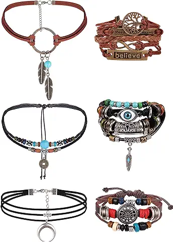 MILACOLATO Pendiente y Collar Bohemio para Mujer Boho Retro Rhinestone Drop Pendientes Multicapa Boho Vintage Dangle Pendientes Pulsera de Cuero con Cuentas y Collar de Cuentas Set de Joyería  